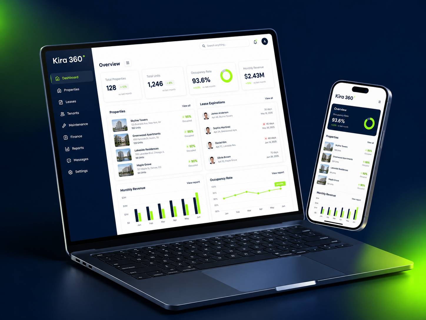 Kira360 dijital mülk yönetimi ve kira takip paneli — laptop ve telefon