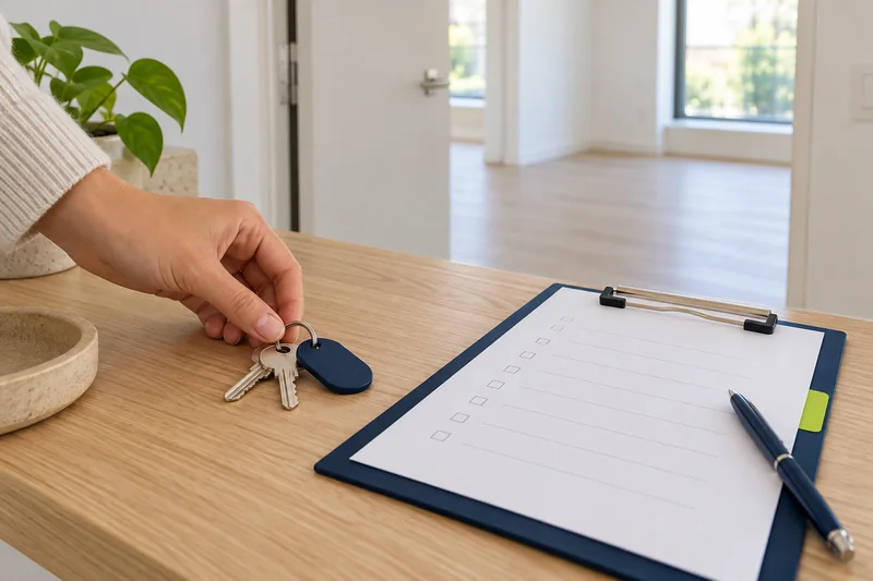 Kiralık ev teslim kontrol listesi ile anahtarların bulunduğu panoyu gösteren temsili görsel